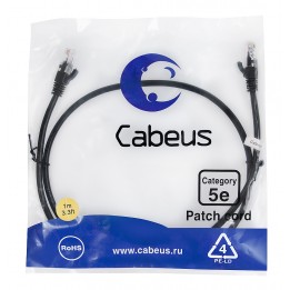 Патч-корд UTP, неэкранированный, категория 5e, 1м, черный, PVC, Cabeus, PC-UTP-RJ45-Cat.5e-1m-BK