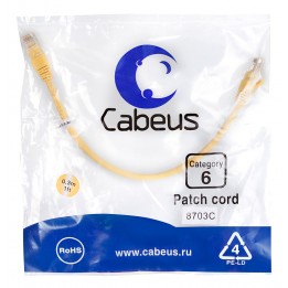 Патч-корд UTP, неэкранированный, категория 6, 0.3м, желтый, PVC, Cabeus, PC-UTP-RJ45-Cat.6-0.3m-YL