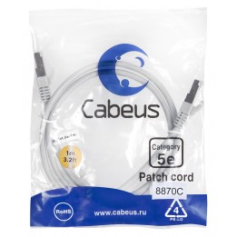 Патч-корд FTP, экранированный, категория 5e, 1м, серый, LSZH, Cabeus, PC-FTP-RJ45-Cat.5e-1m-LSZH