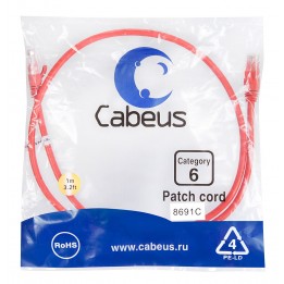 Патч-корд UTP, неэкранированный, категория 6, 1м, красный, PVC, Cabeus, PC-UTP-RJ45-Cat.6-1m-RD