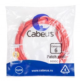 Патч-корд UTP, неэкранированный, категория 6, 5м, красный, PVC, Cabeus, PC-UTP-RJ45-Cat.6-5m-RD